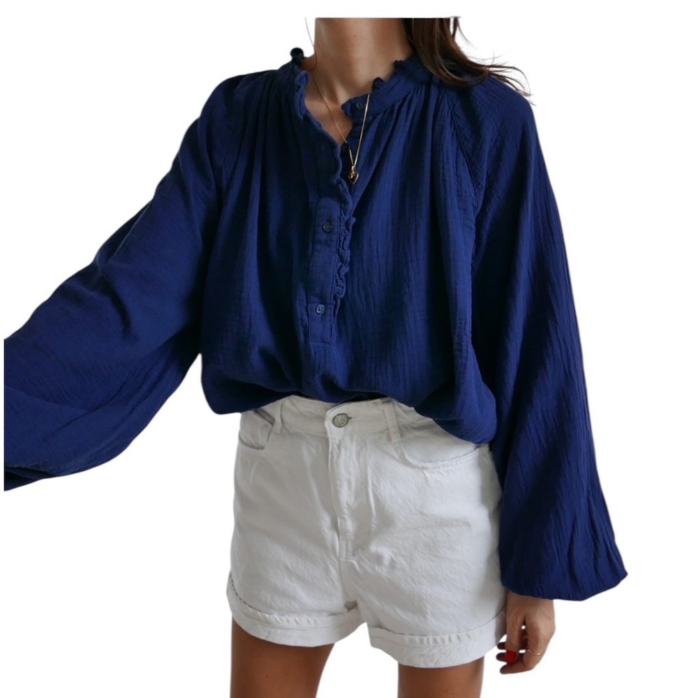H&M Blouse Small Navy Blue Cotton Gauze Ruffle Neck Balloon Sleeve Boho Cottage - Picture 9 of 10